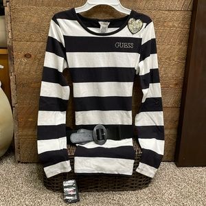 Guess Girls’ Long Sleeve Black & White Striped Belted Shirt Size L(12-14) NWT